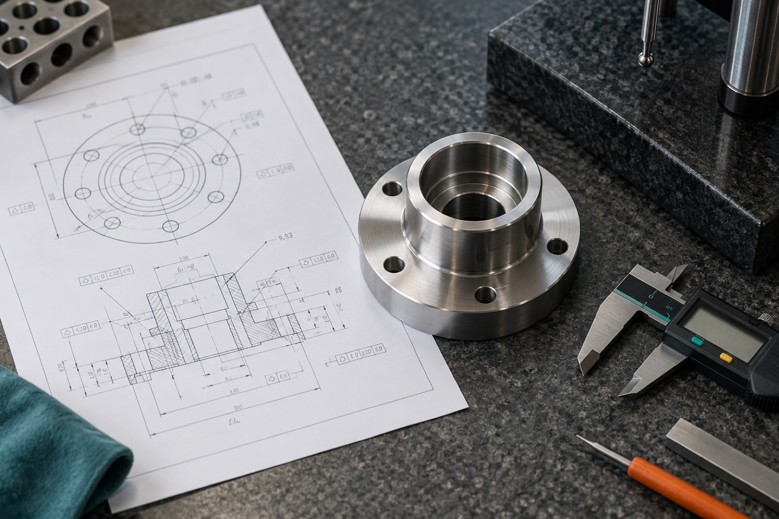 Technical drawing, machined component and inspection instruments